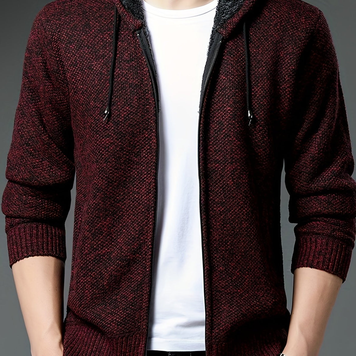 Sherpa Lined Knitted Cardigan Men's Hooded Jacket Long Sleeve Hoodies