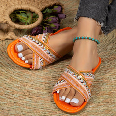 Women's Tribal Style Flat Slippers Open Toe with Faux Pearl Sequin Decor