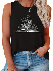  Casual Tank Top Women's Plus Book & Flower Print Round Neck Tank