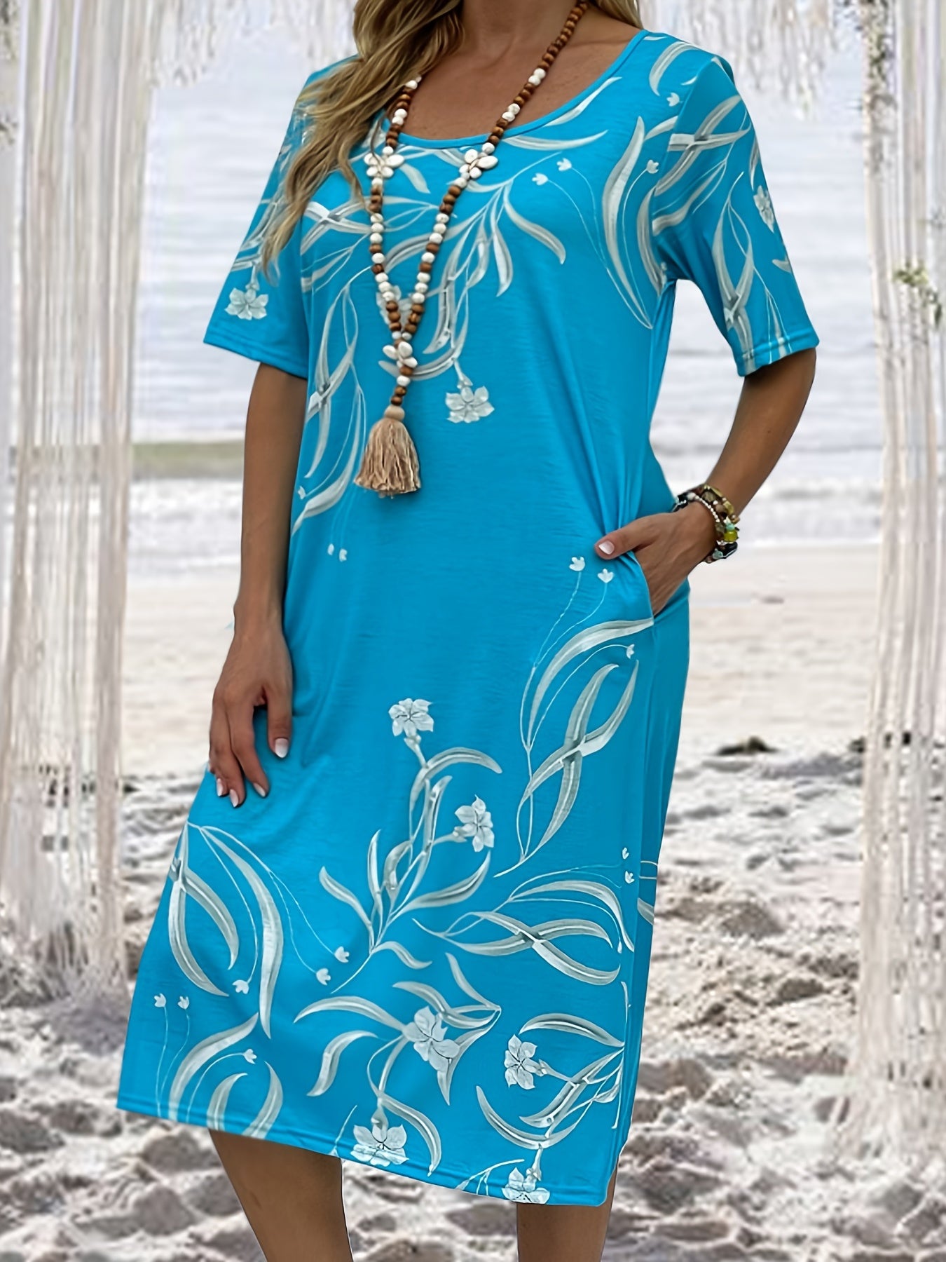  Boho Dress Women's Plus Floral Print Midi T shirt Dress