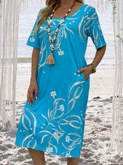  Boho Dress Women's Plus Floral Print Midi T shirt Dress