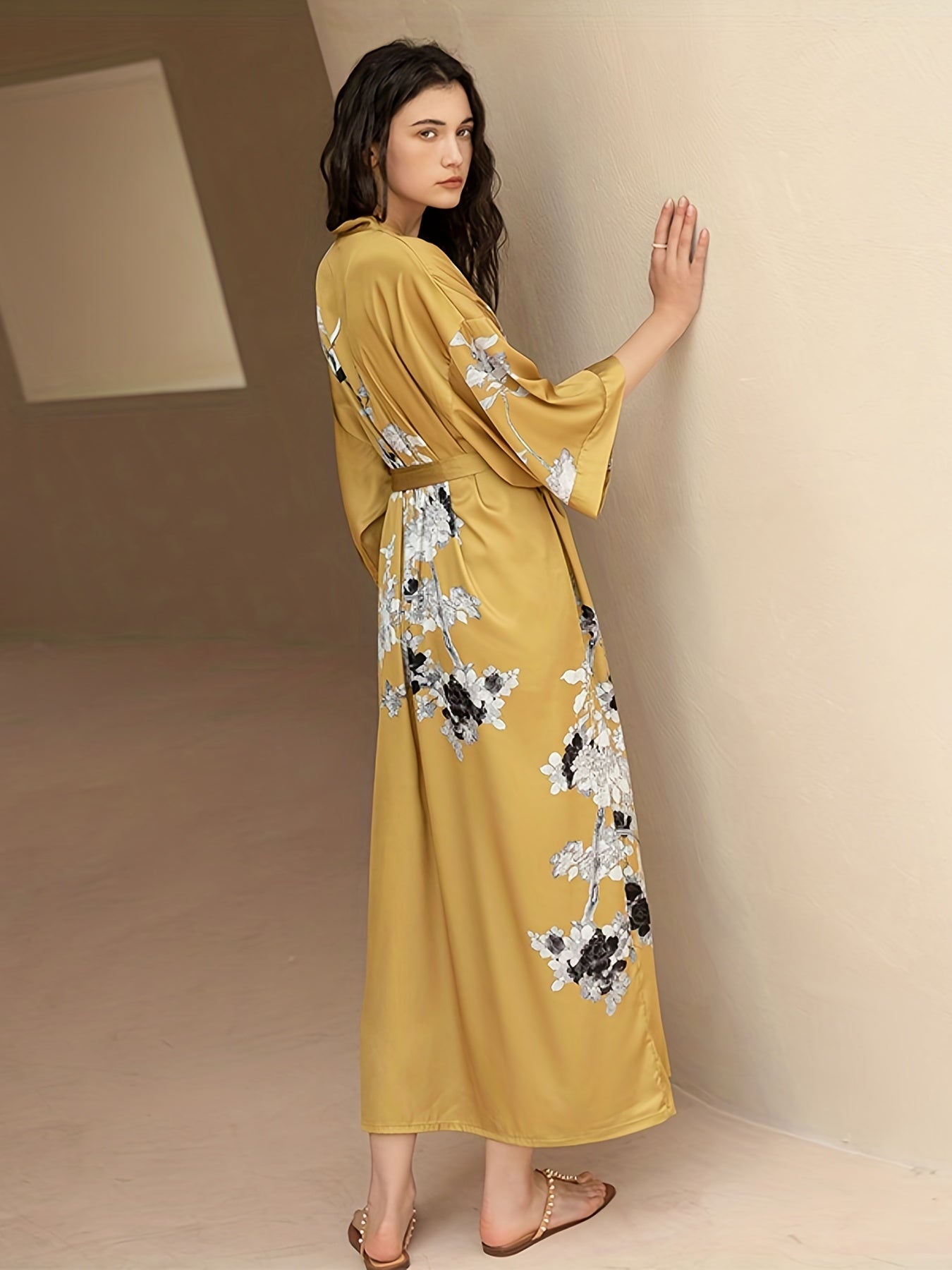  Satin Floral Print Nightgown V-Neck Sleepwear Robe with Belt