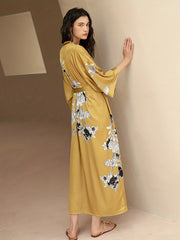  Satin Floral Print Nightgown V-Neck Sleepwear Robe with Belt
