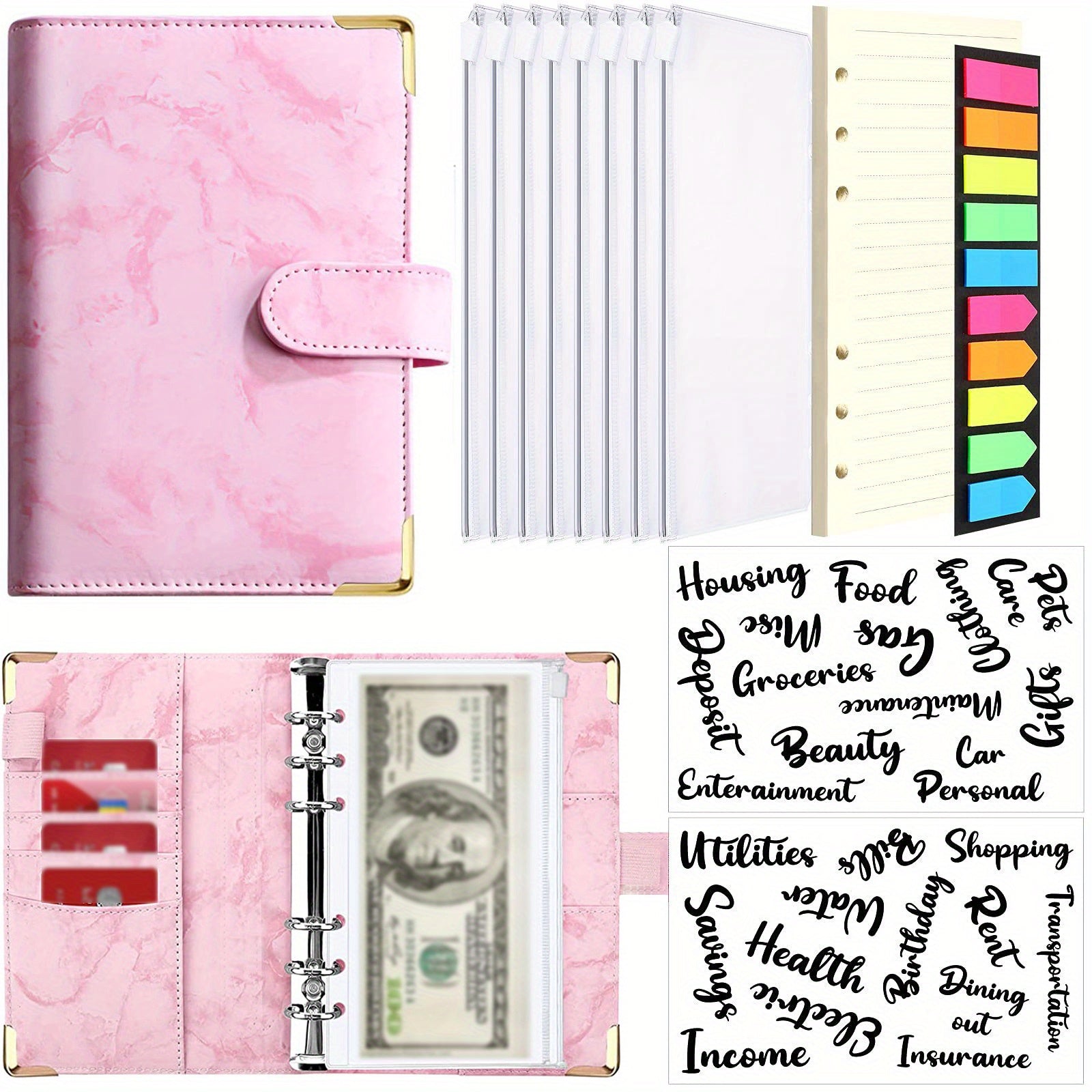 Marble A6 Budget Binder with 8 Cash Envelopes & More