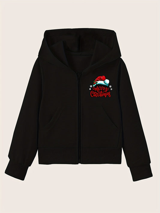 Girls' Christmas Hat Graphic Hoodie with Zipper and Pockets