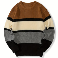 Men's Knitted Block Sweater Casual Crew Neck Pullover