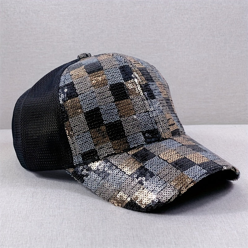 Sequin Block Trucker Hat Y2K Mesh Breathable Sunshade Baseball Cap