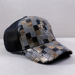 Sequin Block Trucker Hat Y2K Mesh Breathable Sunshade Baseball Cap