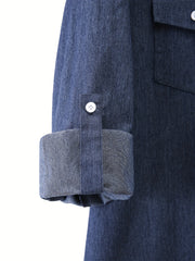  Solid Button Up Roll Long Sleeve Maxi Shirt Dress