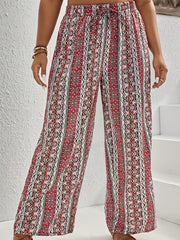  Women's Stripe Print Wide Leg Loose Tie Pants