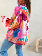  Casual Blouse Women's Plus Colorblock Print Button Up Blouse