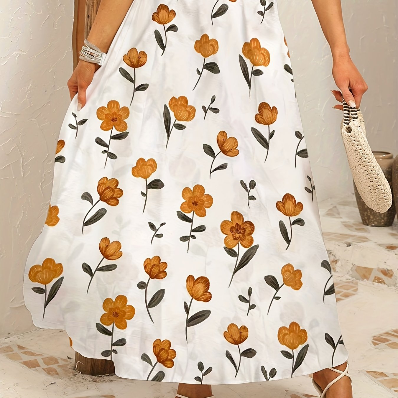  Floral Print Elastic Waist A-line Maxi Skirt