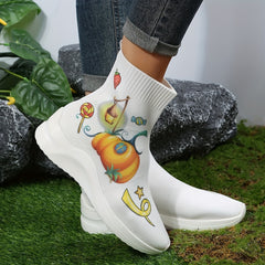 Women's Halloween Pumpkin Print Stretch Sock Boots