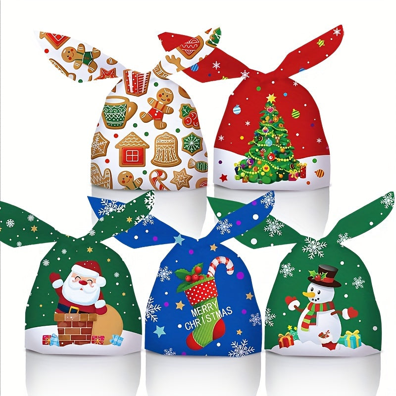 10pcs Christmas Bunny Ears Goodie Bags Snowman Printed