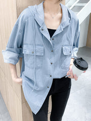 Plus Size Hooded Denim Blouse Long Sleeve Button Up