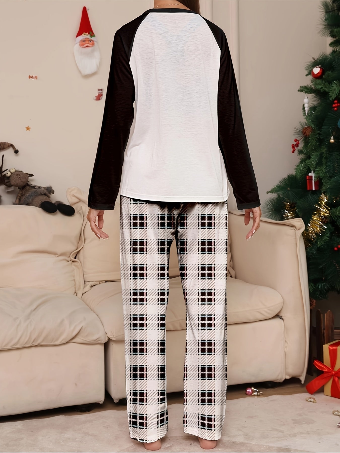  Christmas Pajamas Set Women's Elk & Slogan Tee & Plaid Pants Two Piece