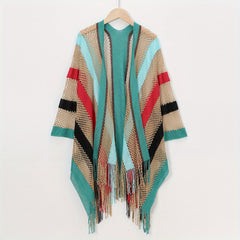 Boho Hollow Out Knitted Shawl Rainbow Striped Tassel Wrap Cover Up