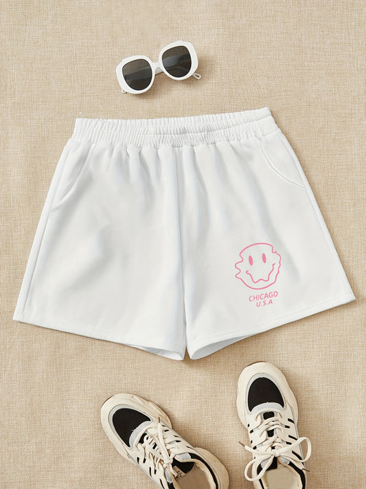 Girls Pink Smile Print Sweat Shorts Elastic Waist