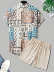 Men's Tribal Pattern Shirt & Solid Shorts Set For Outdoor Summer