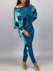  Colorblock Denim Print Lantern Sleeve Top & Pants Set