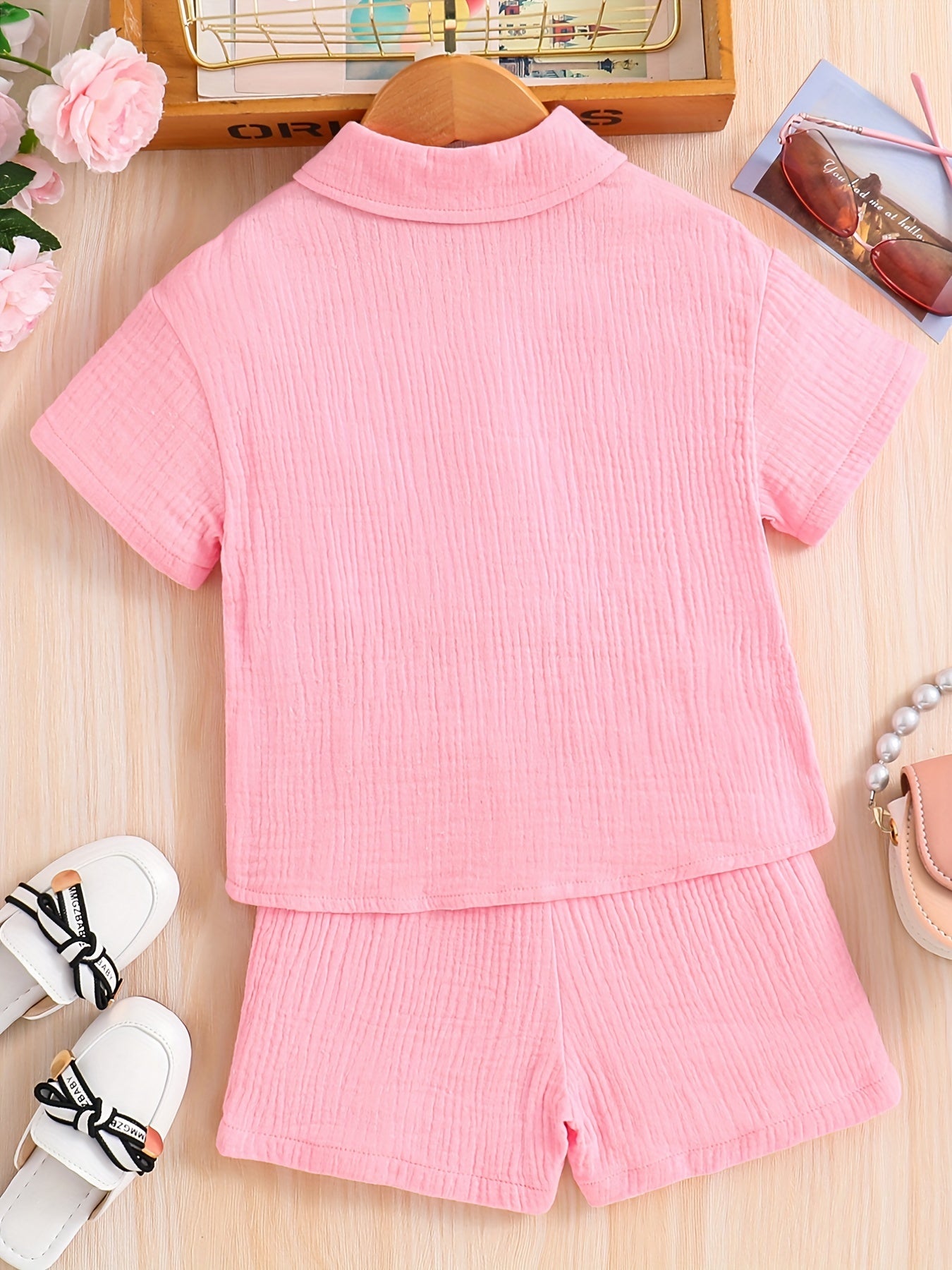 Kids Button Down Short Sleeve Jacket & Cropped Camisole & Shorts Girls Suit