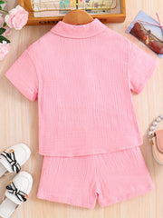Kids Button Down Short Sleeve Jacket & Cropped Camisole & Shorts Girls Suit