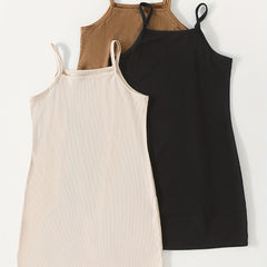 3pcs Girls Ribbed Bodycon Cami Dress w/ Adjustable Straps