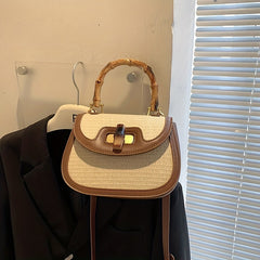 Straw Handbag Wooden Turn Lock Shoulder Bag Crossbody Bag