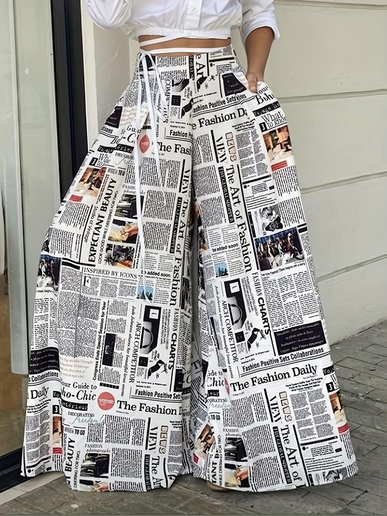  Newspaper Pattern High Waist Wide Leg Pants