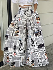  Newspaper Pattern High Waist Wide Leg Pants