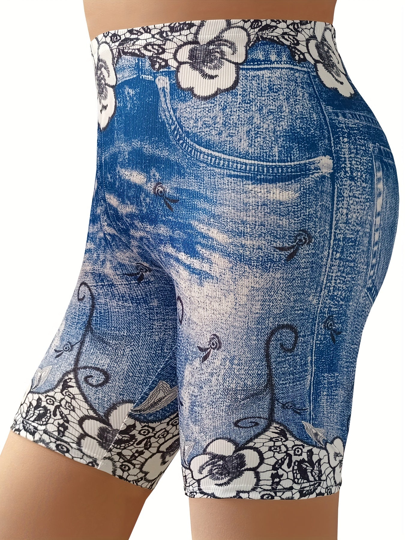 Women's Plus Denim & Floral Print High Rise Skinny Shorts
