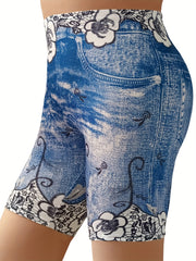 Women's Plus Denim & Floral Print High Rise Skinny Shorts