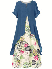 Asymmetrical Floral Print Dress Short Sleeve Crew Neck Casual Dress