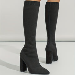 Women's Solid Over Knee Slim Boots Point Toe Chunky Heel Comfy Shoes