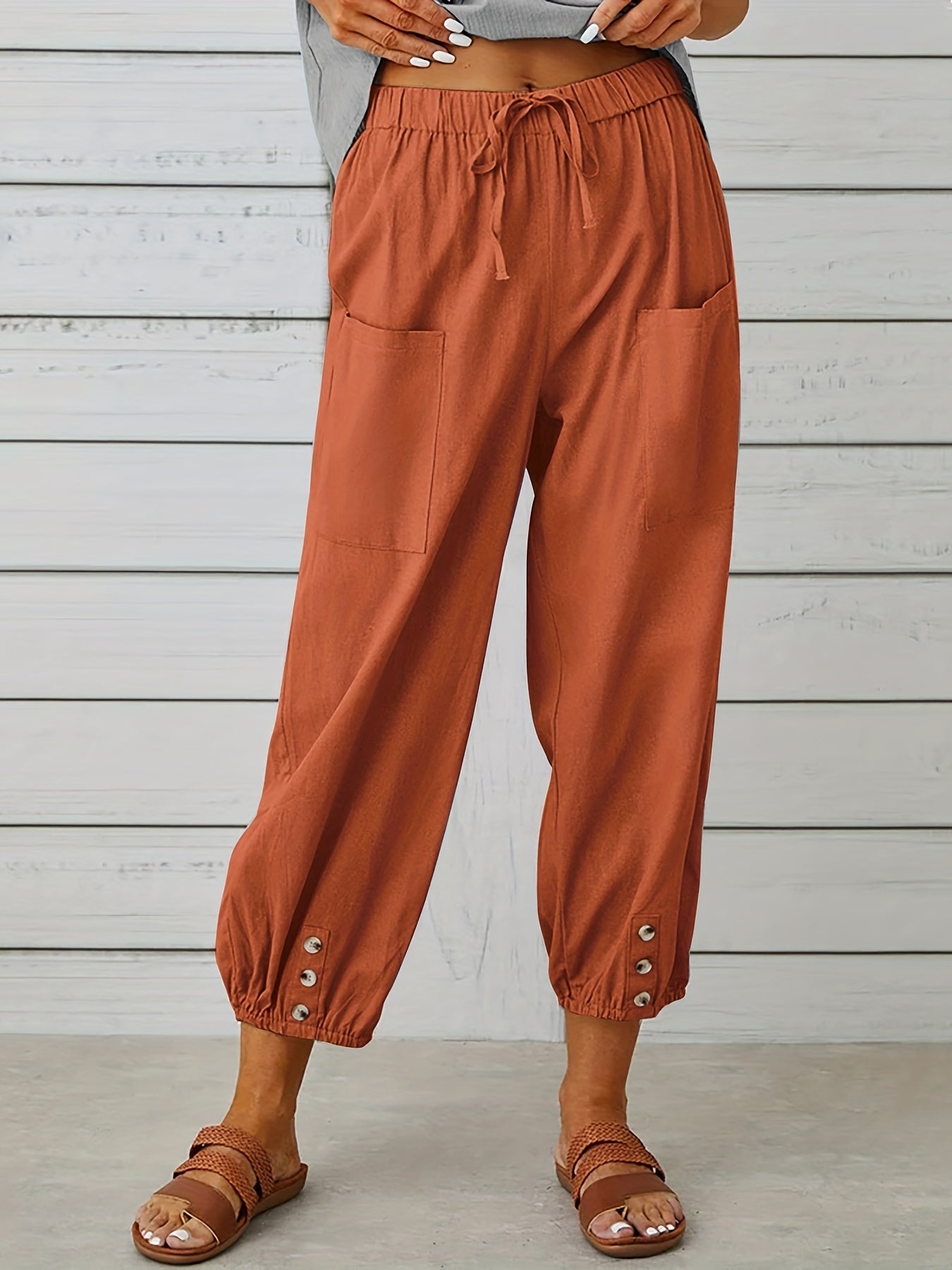 Patched Pockets Button Front Crop Pants Casual Loose Pants