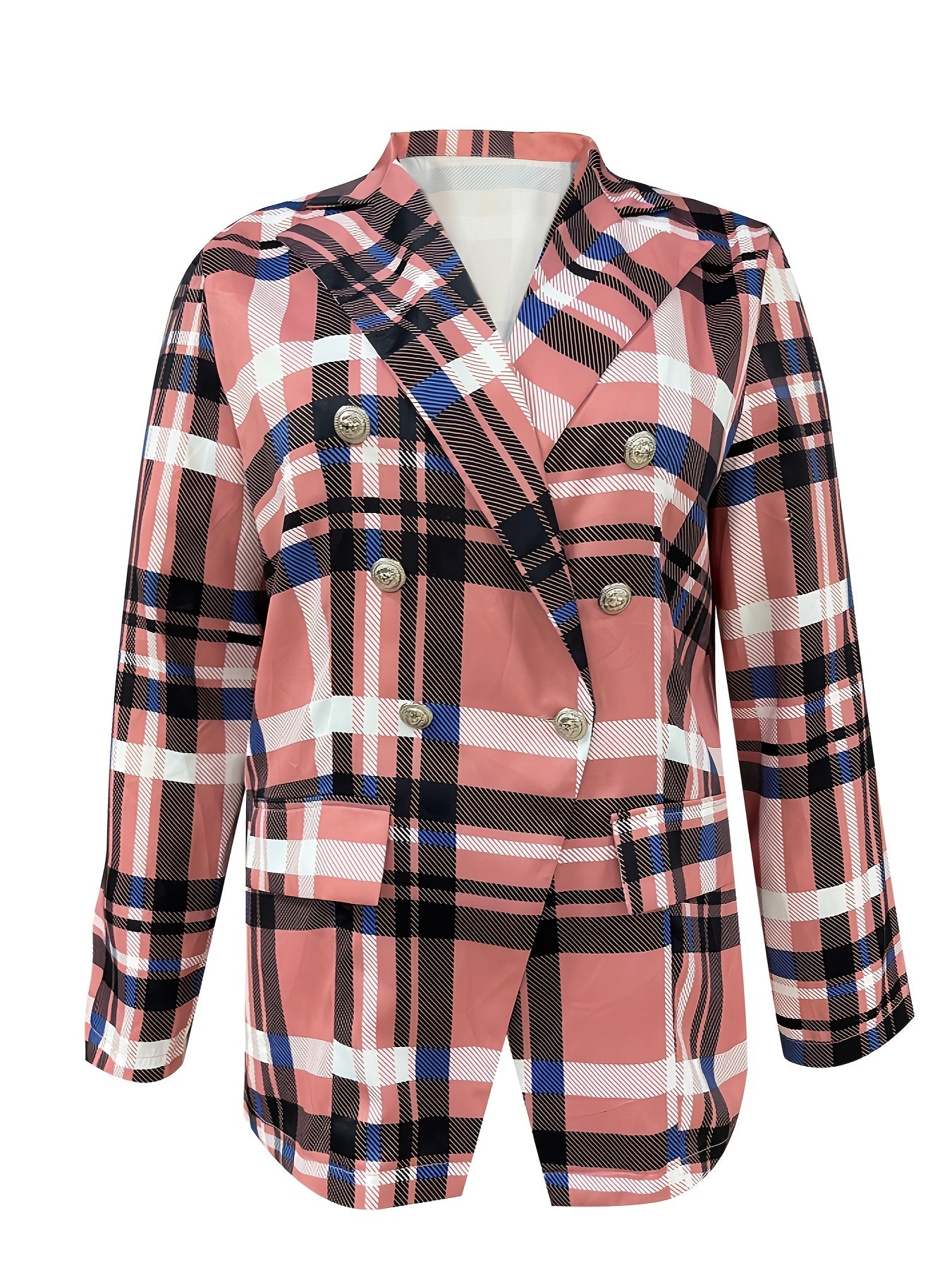  Plaid Print Long Sleeve Lapel Double Button Blazer
