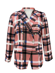  Plaid Print Long Sleeve Lapel Double Button Blazer