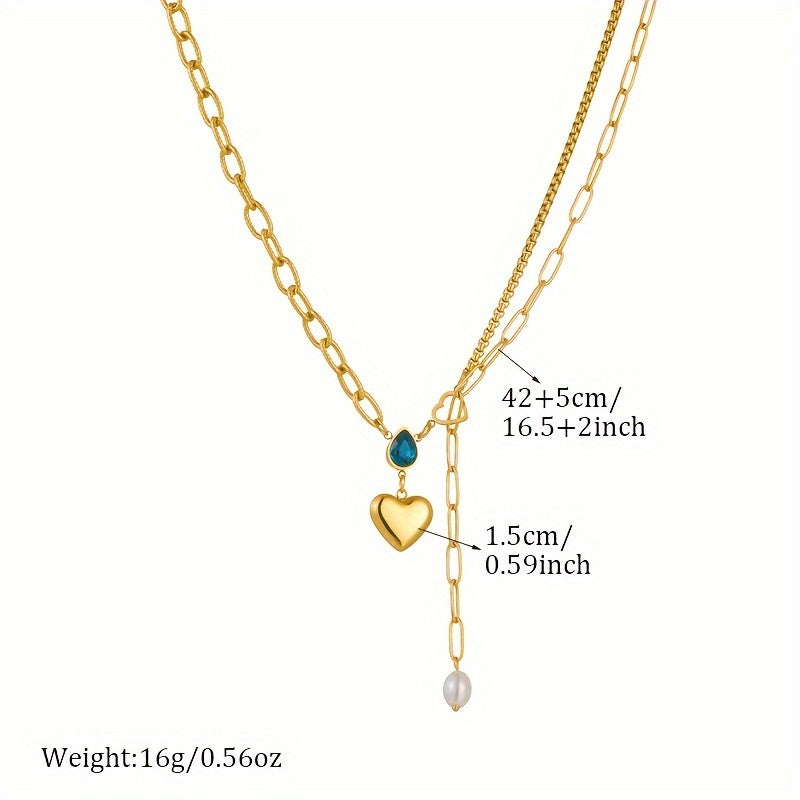 Stainless Steel Heart & Water Droplet Charm Necklace