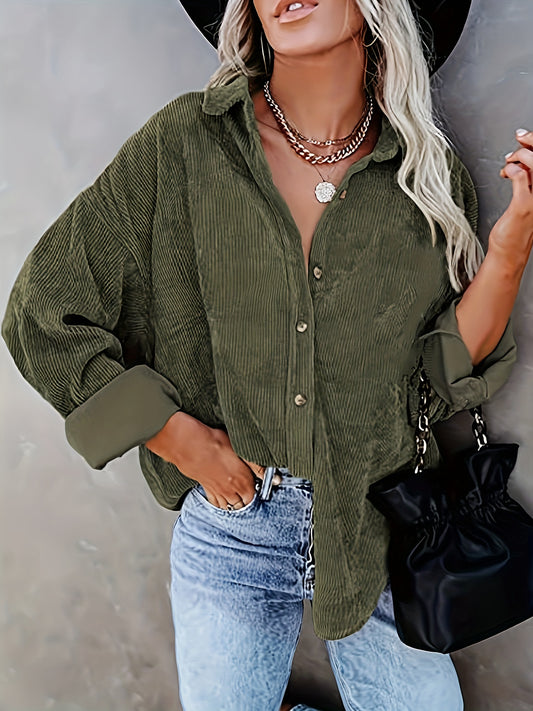  Corduroy Long Sleeve Button Up Collar Blouse