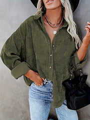  Corduroy Long Sleeve Button Up Collar Blouse