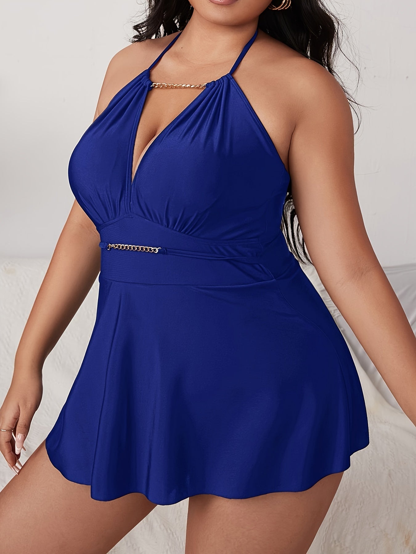  Chain Linked Halter Skirted One Piece Bathing Suit