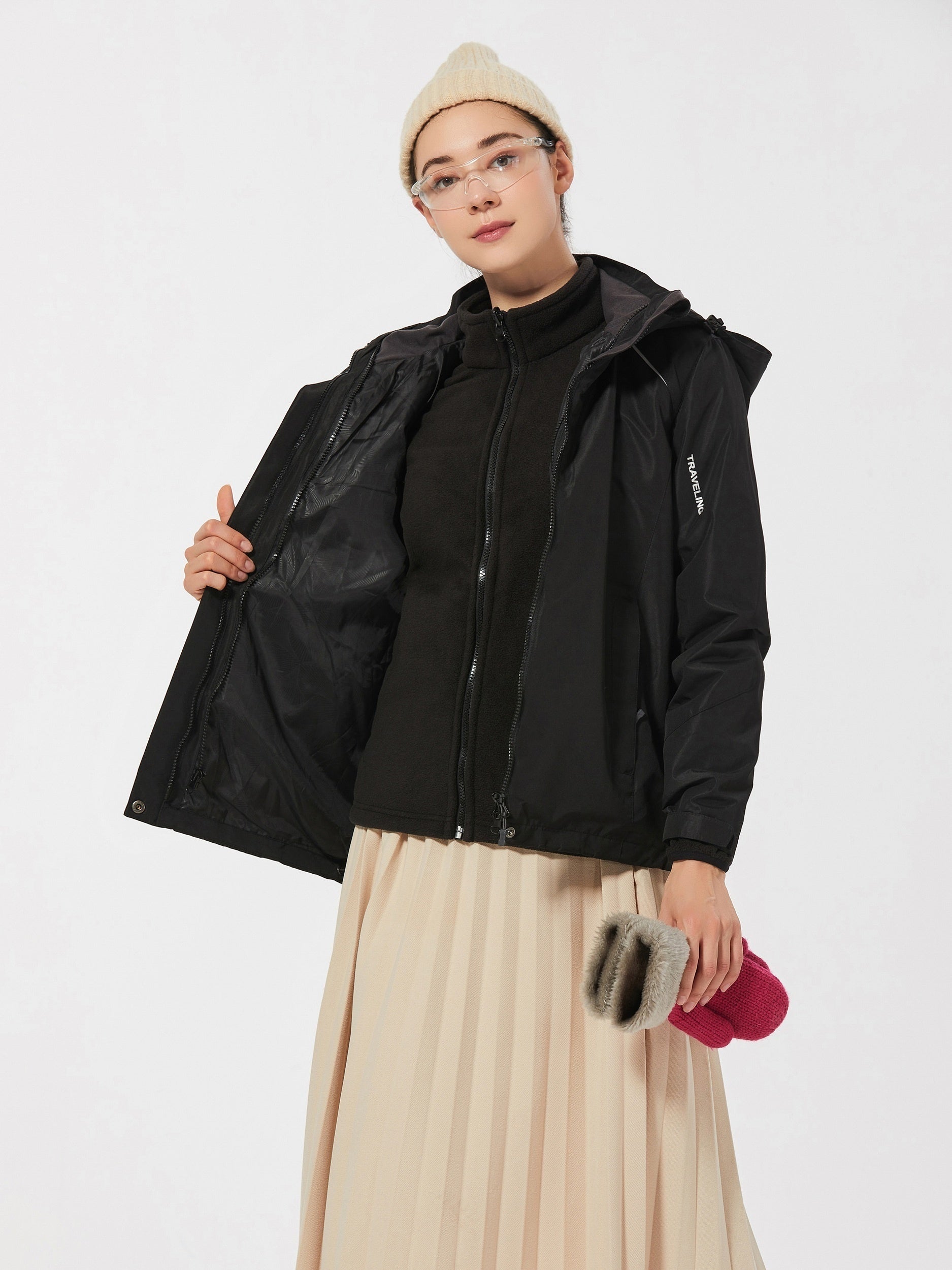 Women's 3 in 1 Hooded Jacket Set Waterproof Windproof Fleece for Outdoor