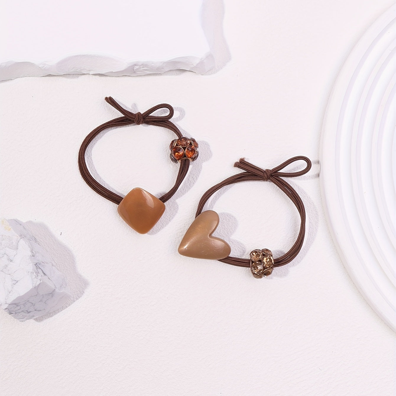 2pcs Heart Geometric Decor Hair Tie Elastic Hair Rope Glitter Rhinestone