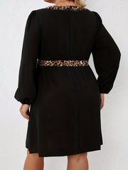 Colorblock Leopard Print Long Sleeve Belted Dress Women's Plus Medium Stretch