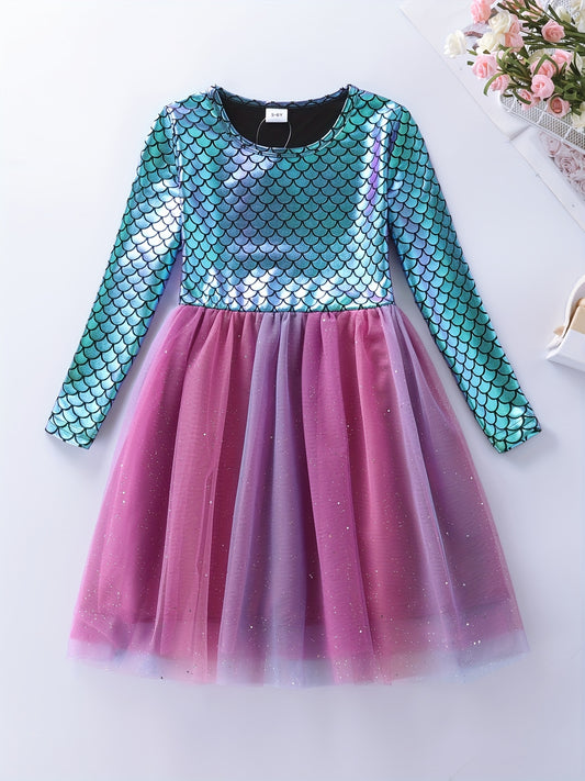Girls Mermaid Mesh Stitching Long Sleeve Dress for Halloween Party