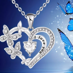 Glitter Purple Silver Heart Butterfly Pendant Necklace