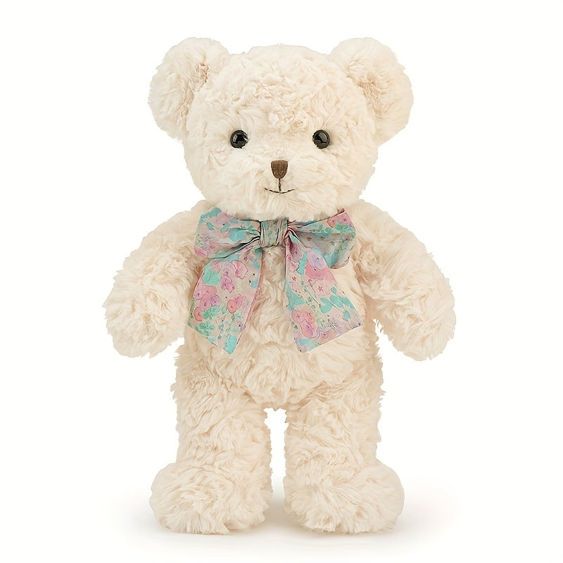 Fluffy Light Brown Teddy Bear Plush Toy with Floral Scarf