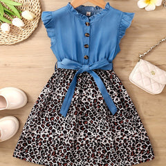 Girls Sleeveless Ruffle Denim Leopard Print Princess Dress