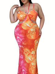  Colorblock Floral Print Maxi Dress