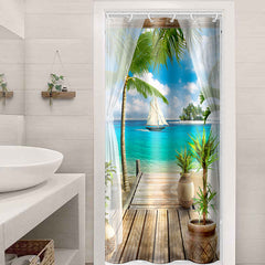 Seaside Landscape Shower Curtain with Coconut Tree Illustration